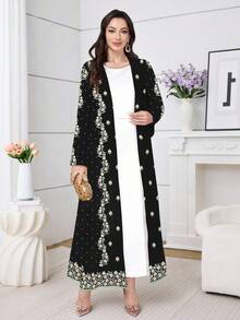 Al Najma 一件舒适保守的长款睡袍，传统复古印花连衣裙/碎花连衣裙，适合女性日常穿着、约会、休闲、派对、节日等场合。女士连衣裙，植物复古印花连衣裙，黑色连衣裙 - 黑色 - 查看 7