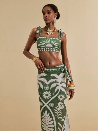 SHEIN Veneréa 3件套女士夏季度假植物图案橄榄绿系带比基尼套装和沙滩长裙泳装