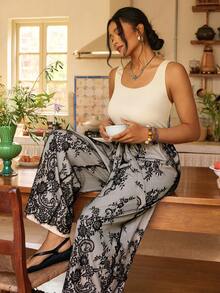 SHEIN VCAY Plus Size Women Floral Lace Patchwork Sleeveless Jumpsuit,Black And White,Summer,Elegant,Tea Party Festival Outfits Valentines Day Vintage Country - Khaki - View 2