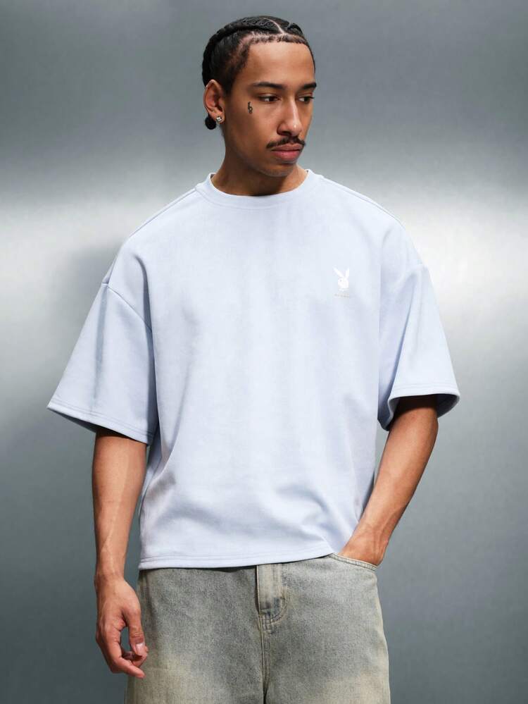 PLAYBOY X SUMWON T-shirt casual da uomo con scollo a equipaggio, maniche a gomito, vestibilità comoda, logo piccolo sul petto, essenziale estivo rilassato