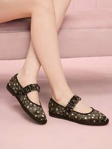 CUCCOO DOLLMOD 女士亮橙色优雅天鹅绒经典舒适褶皱弹力玛丽珍平底鞋 - 棕色波點 - 查看 4