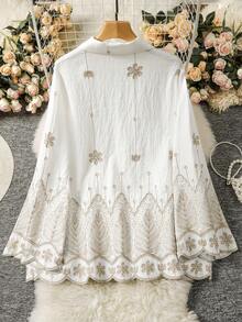 Lacomfia Plus Size Women Elegant Embroidered Long Sleeve Blouse - Multicolor - View 2