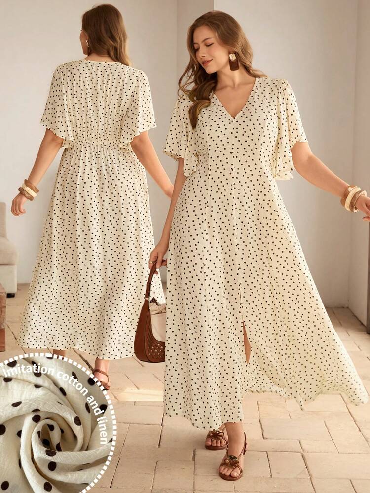 Roveilla Vestido Longo Feminino Plus Size Romântico com Bolinhas, Decote em V, Ajuste de Cintura com Botão, Bainha com Fenda, Manga Bufante, Elegante Estilo Francês Retrô para Escritório, Passeio, Casual, Férias, Chá da Tarde, Rua, Minimalista, Versátil, Primavera/Verão, Novo - Damasco - Visão 9