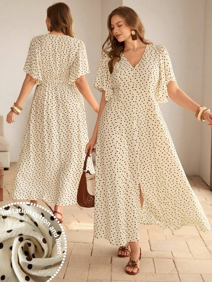 Roveilla Đầm maxi nữ cỡ lớn họa tiết chấm bi lãng mạn cổ chữ V, eo có nút điều chỉnh, gấu đầm xẻ tà tay phồng, kiểu dáng thanh lịch, cổ điển Pháp, thích hợp cho công sở, đi làm, đi nghỉ mát, dự tiệc trà chiều, phong cách tối giản, đa năng, mùa xuân/hè. - Màu be - Xem 1