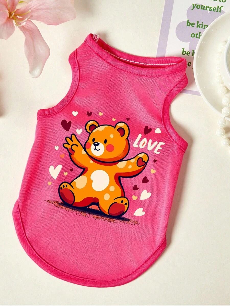 PETSIN 1件快乐小熊爱心字母印花宠物背心，透气亲肤，玫瑰红