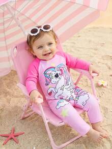 SHEIN Sparklyn Adorable Unicorn Print Long-Sleeved And Long-Legged Swimsuit For Baby Girls, Available In Pink And Fuchsia Colors. Perfect For Summer And Vacation Wear, This Toddler Beachwear Set Also Includes Sun Protection Options. Features Include Unicorn Print, Long Sleeves, And Cartoon Print. - Hot Pink - View 1