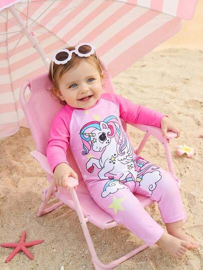 SHEIN 可爱卡通图案撞色长袖连体泳衣，女婴款