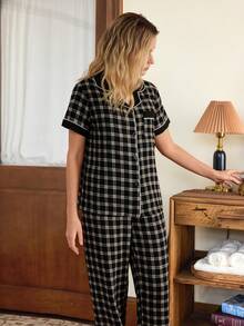 Doze Lane Bubble Textured Plaid Print Color Block Short Sleeve & Pants Women Pajama Set - Multicolor - View 4