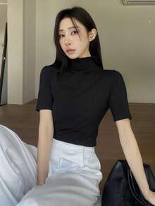 Livesso Women's Loose Casual Business Office Wear Black Turtleneck Short Sleeve T-Shirt, Suitable For Spring And Summer