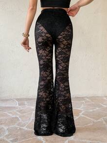 SHEIN Tall Women's Spring Sexy Retro Lace Lined Flared Pants - Black - View 2