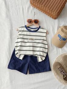 SHEIN Set de 2 piezas de top sin mangas con estampado de rayas y shorts de unicolor, casual y cómodo para niños pequeños - Azul Marino - Ver 1