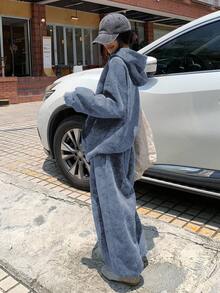 DAZY 2件套 女式连帽休闲韩版卫衣和宽松运动裤 - 藍色 - 查看 3