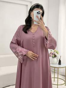 Al Najma 女士春夏粉色梭织真丝醋酸纤维缎面纽扣前开襟长袖蝴蝶花卉优雅阿拉伯连衣裙 - 粉色 - 查看 3