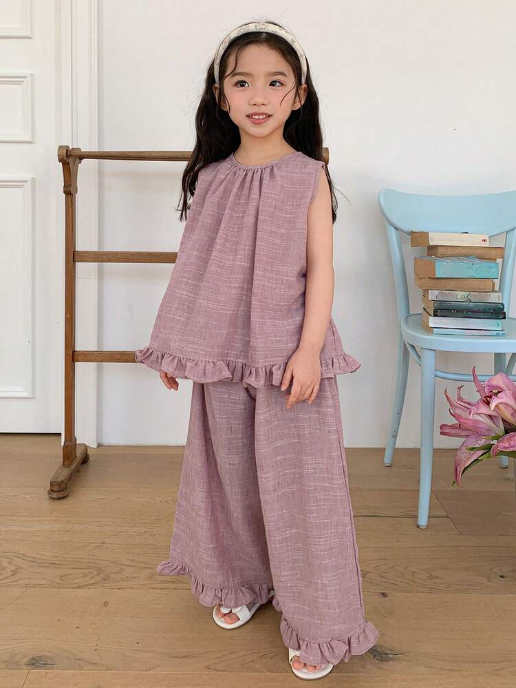 2pcs Young Girls Lace Patchwork Korean Style Sleeveless Shirt And Leggings Set