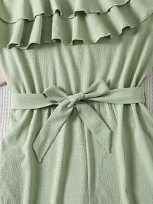 SHEIN Teen Girls Green Oblique Shoulder Jumpsuit, Textured Fabric, Cinched Waist, Layered Collar, Vacation Romper - Green - View 4