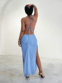 Amplova Shell Metal Decor High Slit Women Dress - Baby Blue - View 4