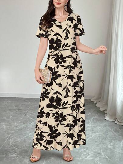 Seusyu Women's Elegant V-Neck Khaki Short Sleeve Floral Print Knit Dress, Suitable For Wearing As Outerwear Or Undershirt/Work Dress, Suitable For Dates, Vacations, Everyday, Casual, Parties, Holidays