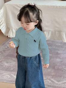 DAZY Toddler Girls' Solid Color Minimalist Everyday Polo Neck Long Sleeve Sweater - Blue - View 3