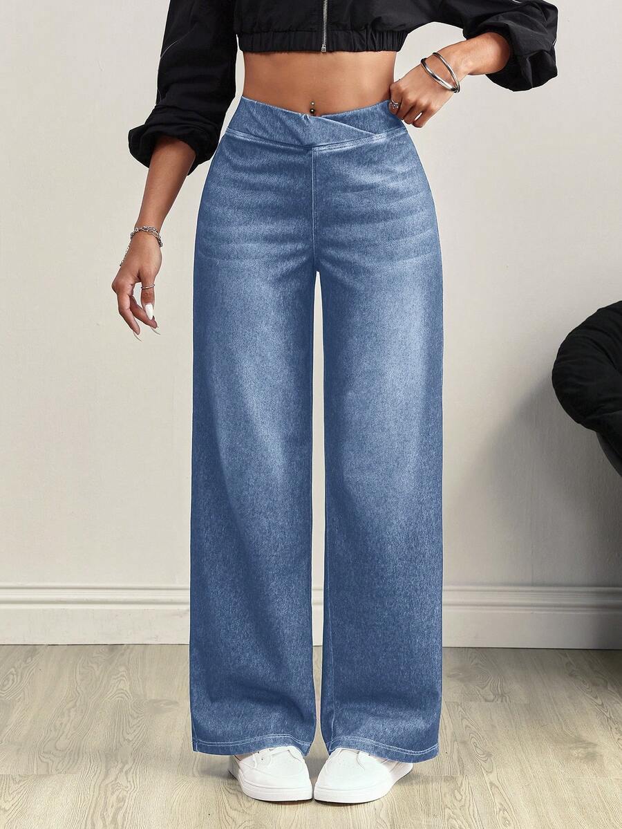 Flexra Women's Knitted V-Shaped Cross Design Elastic Waist Pocket Distressed Denim Jeans - Medium Wash - View 1