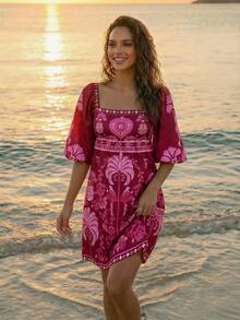 CAJUNI Women's Palm Tree Print Square Neck Lantern Sleeve Fashionable Mini Dress, Suitable For Vacation - Burgundy - View 3