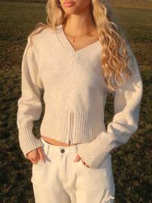 Sydney Algeri V-Neck Zip Hem Relaxed Casual Pullover Sweater For Women In Fall/Winter - Apricot - View 4