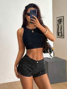 SHEIN PETITE Spring To Summer Women's Rhinestone Embellished Skinny Fashionable Versatile Denim Shorts - Black - View 7