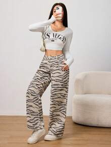 SHEIN PETITE Quần ống rộng họa tiết da báo dành cho nữ, thích hợp mặc đi làm, từ xuân hè. - Đen và trắng - Xem 4