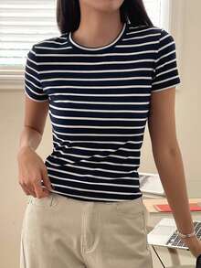 Dazy-Less Fitted Elegant All-Match Casual Cotton Striped Short Sleeve T-Shirt For Women, Suitable For Spring & Summer - White - View 3