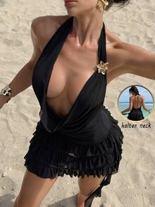 Swim SXY Women's Sexy Deep Draped Neck Design + Fashionable Ruffle Hem Chiffon Cover Up, Spring/Summer - Black - View 1