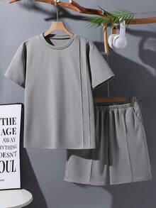 Conjunto de camisetas casuales holgadas con textura de gofre para adolescentes varones, tela cómoda adecuada para uso casual diario - Gris - Ver 3
