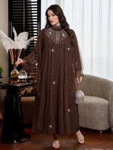 Al Najma 大码女士优雅亮片星月装饰浪漫派对长裙，薄纱阿拉伯风格珍珠点缀长袖飘逸土耳其长袍 - 咖啡棕 - 查看 4