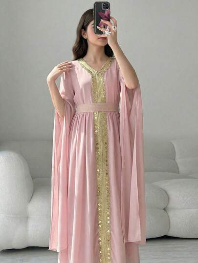 SHEIN Vit långärmad klänning med slitsärm och gyllene banddekor för flickor, elegant och graciös, lämplig för högtider, fester, vår och sommar