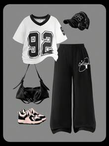 SHEIN Explorewe 2 件女童夏季休闲 V 领短袖 T 恤和宽松舒适长裤套装，白色 T 恤和黑色裤子 - 黑色 - 查看 1