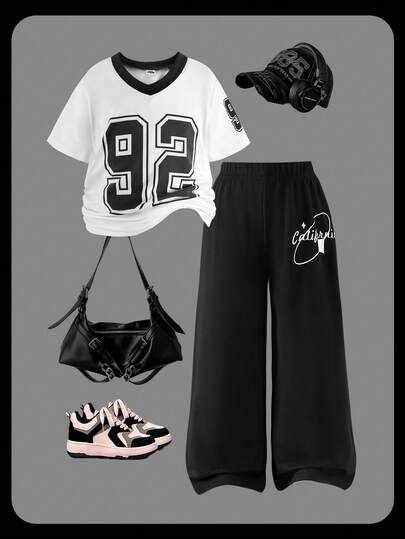 SHEIN Explorewe 2 件女童夏季休闲 V 领短袖 T 恤和宽松舒适长裤套装，白色 T 恤和黑色裤子