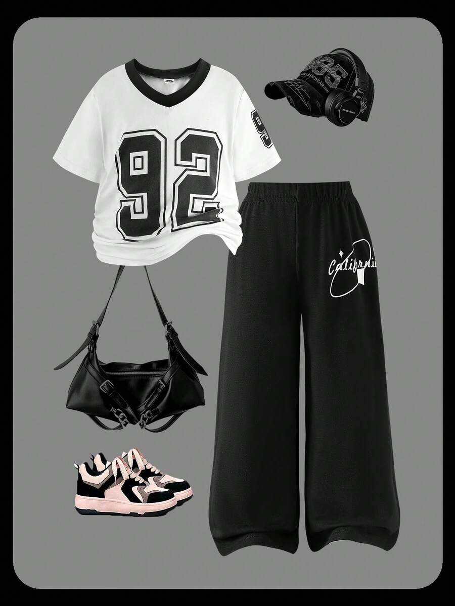 SHEIN Explorewe 2 件女童夏季休闲 V 领短袖 T 恤和宽松舒适长裤套装，白色 T 恤和黑色裤子 - 黑色 - 查看 1