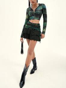 SHEIN EZwear 紮染金屬圓環拉鍊連帽短夾克和褶邊木耳邊側抽繩半身裙 - 彩色 - 查看 1