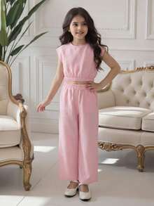 Elladie kids 两件套女童休闲套装，圆领蝙蝠袖衬衫搭配带口袋的松紧腰直筒裤，亚麻质感面料，适合日常穿着。 - 玫紅色 - 查看 4