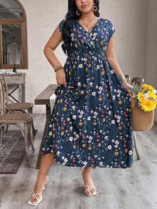 EMERY ROSE Women's V-Neck Ditsy Floral Long Dress, Waist Cinched Relaxed Vacation Style - Multicolor - View 4