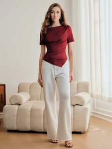 Anewsta Áo thun ngắn tay nữ màu trơn, kiểu dáng thường ngày, đa năng, phù hợp đi làm. - Màu Đỏ Sâu - Xem 2