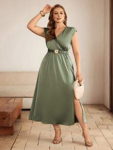 Roveilla 大码女式缎面V领蝙蝠袖腰带金属扣装饰A字型长连衣裙，优雅法式复古百搭休闲连衣裙，适合通勤、商务、度假、春夏穿着 - 綠色 - 查看 4