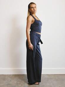 Aralina Women's Elegant Halterneck Stripe Top With Matching Stripe Pants Set Perfect For Christmas Party New Years And Thanksgiving Outfits - Navy Blue - View 13