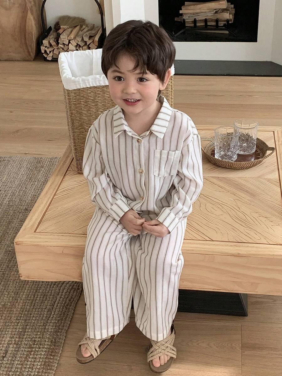 DAZY Toddler Boys' Striped Casual Comfortable Long Sleeve Shirt Set - Beige - View 1