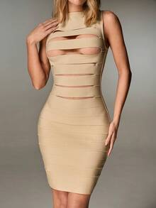 Nuvra 性感露背针织吊带纯色无袖紧身迷你连衣裙（女款） - 卡其色 - 查看 6