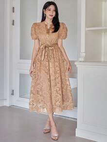 DAZY Gaun Wanita Elegan Warna Polos dengan Lengan Mengembang Berenda dan Sabuk, Gaun Tamu Pernikahan Musim Semi/Panas - Khaki - View 3