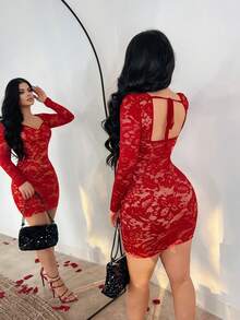 SHEIN SXY Đầm ngắn ren đỏ gợi cảm tay dài cổ tim dành cho nữ - Đỏ - Xem 2