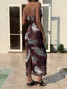 Livesso Đầm midi hai dây nhuộm tie-dye cho nữ, đầm đi nghỉ mát mùa xuân hè. - màu nâu - Xem 2