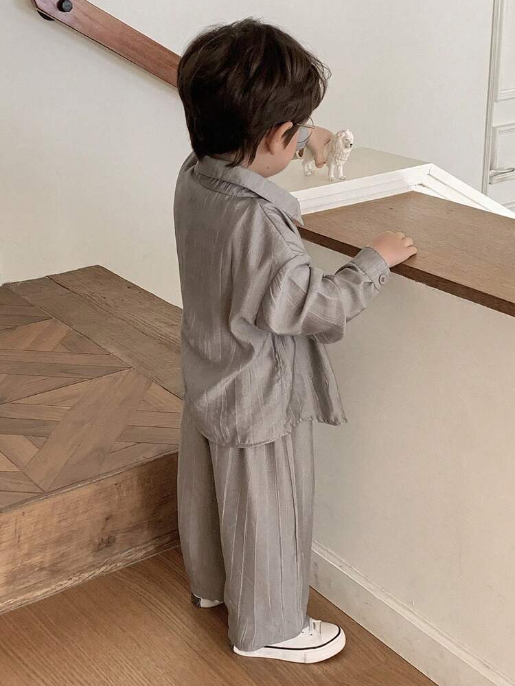 Toddler Boys' Fashion Shirt Set, Korean Style Casual Outfit, Grey, Lightweight Shirt Top And Wide Leg Pants 2-Piece Set, Spring/Summer/Autumn