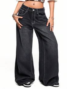 ROMWE Grunge Punk Jeans anchos de cintura baja con ajuste holgado, estilo Y2K chic, con bordado de letras y cruces desgastados - Gris Oscuro - Ver 6