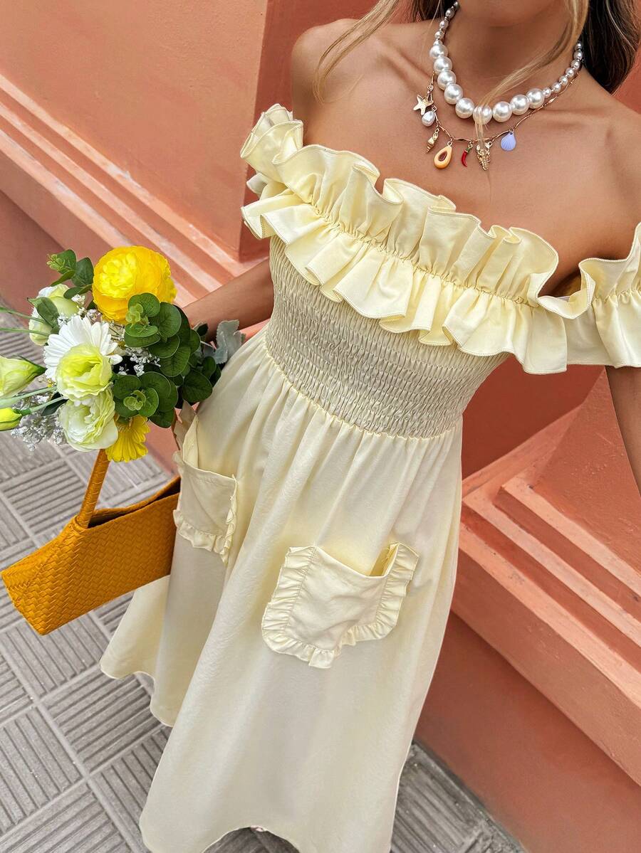 Selianne 可爱黄色荷叶边露肩收腰中长连衣裙 - 甜美优雅，适合度假、日常出行和聚会，女士春夏连衣裙 - 黃色 - 查看 1