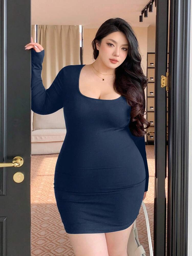 Dazy Plus Plus Size Solid Color Fitted Square Neck Wrap Long Sleeve Mini Dress, Spring/Summer Sundress